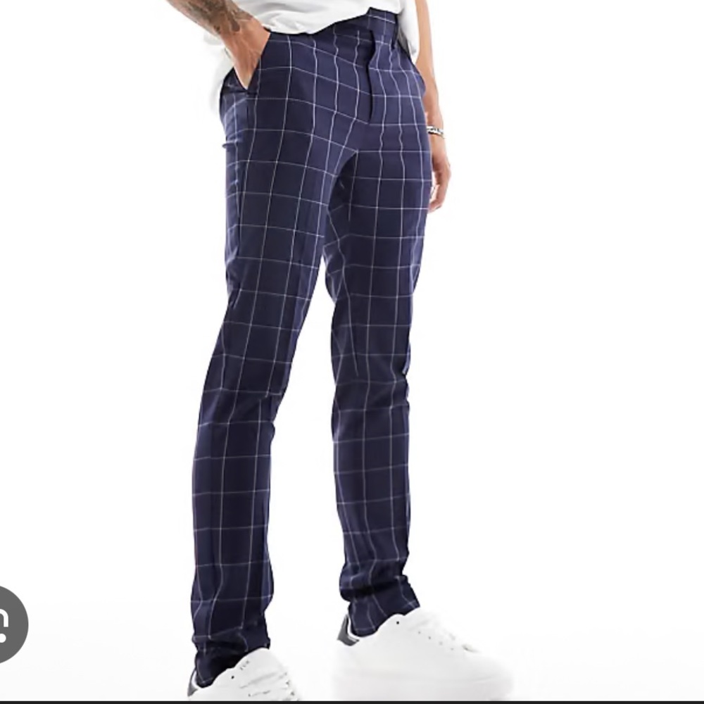 NWT ASOS DESIGN Smart Skinny Pants Navy White Check Plaid Trousers Career Office